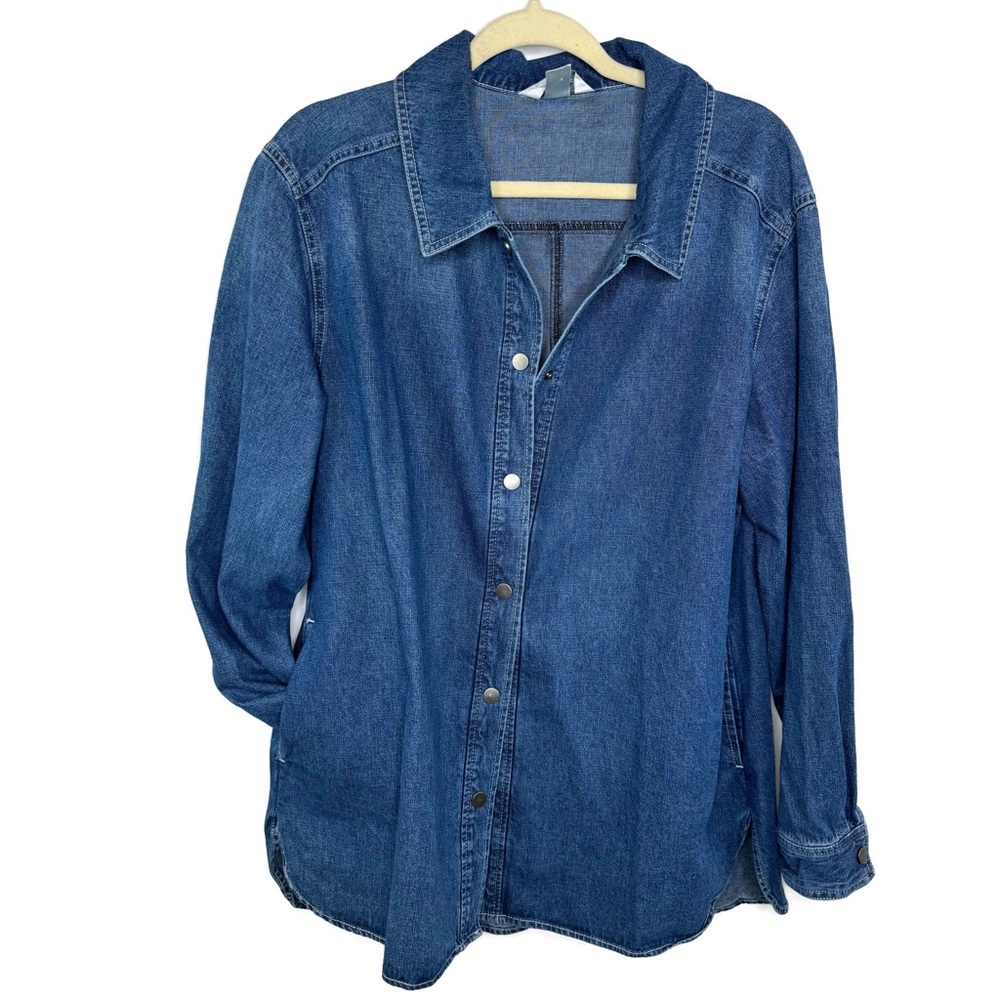 Christopher & Banks Classic Blue Denim Shirt Jacket Snap Down Slide Pockets L